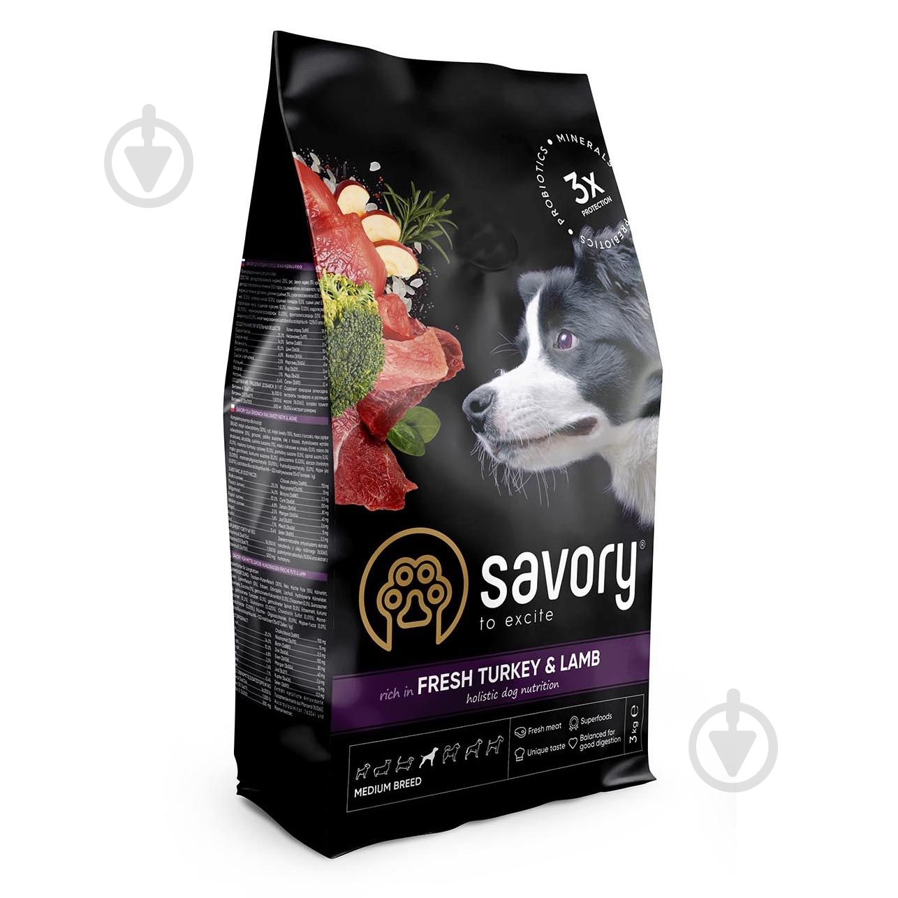 Корм для середніх порід Savory для собак середніх порід із м’ясом індички і ягняти 3 кг 3 кг - фото 1