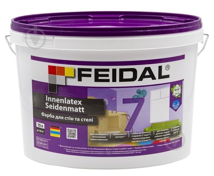 Краска акриловая Feidal Innenlatex Seidenmatt шелковистый мат белый 10 л - фото 1