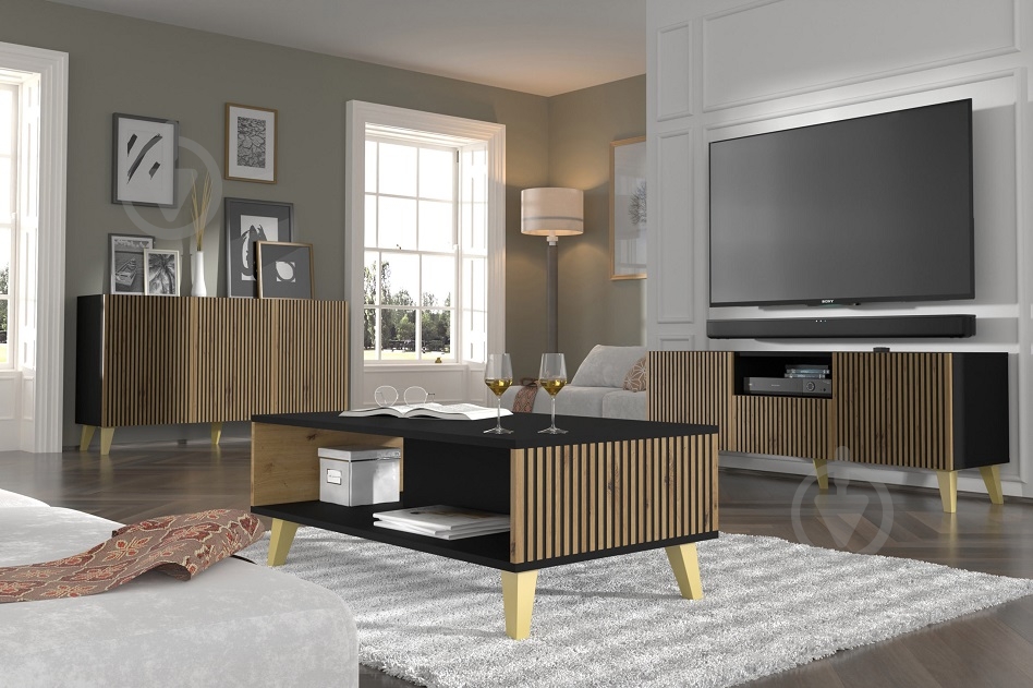 Тумба під ТВ BIM Furniture Ravenna 2д1ш 1500x560x420 мм чорний матовий/золотий/дуб артізан (RAVENNA_P_PAINTED_MDF_TV_STAND) - фото 6 Тумба під ТВ BIM Furniture Ravenna 2д1ш 1500x560x420 мм чорний матовий/золотий/дуб артізан (RAVENNA_P_PAINTED_MDF_TV_STAND) - фото 6