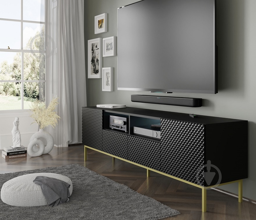 Тумба під ТВ BIM Furniture Ravenna 2д1ш 2000x580x420 мм чорний/золотий(RAVENNA_CCK_DIAMOND_MDF_HG_TV_) - фото 4 Тумба під ТВ BIM Furniture Ravenna 2д1ш 2000x580x420 мм чорний/золотий(RAVENNA_CCK_DIAMOND_MDF_HG_TV_) - фото 4