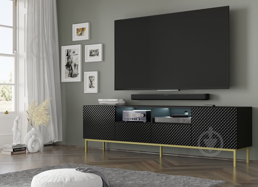 Тумба під ТВ BIM Furniture Ravenna 2д1ш 2000x580x420 мм чорний/золотий(RAVENNA_CCK_DIAMOND_MDF_HG_TV_) - фото 5 Тумба під ТВ BIM Furniture Ravenna 2д1ш 2000x580x420 мм чорний/золотий(RAVENNA_CCK_DIAMOND_MDF_HG_TV_) - фото 5