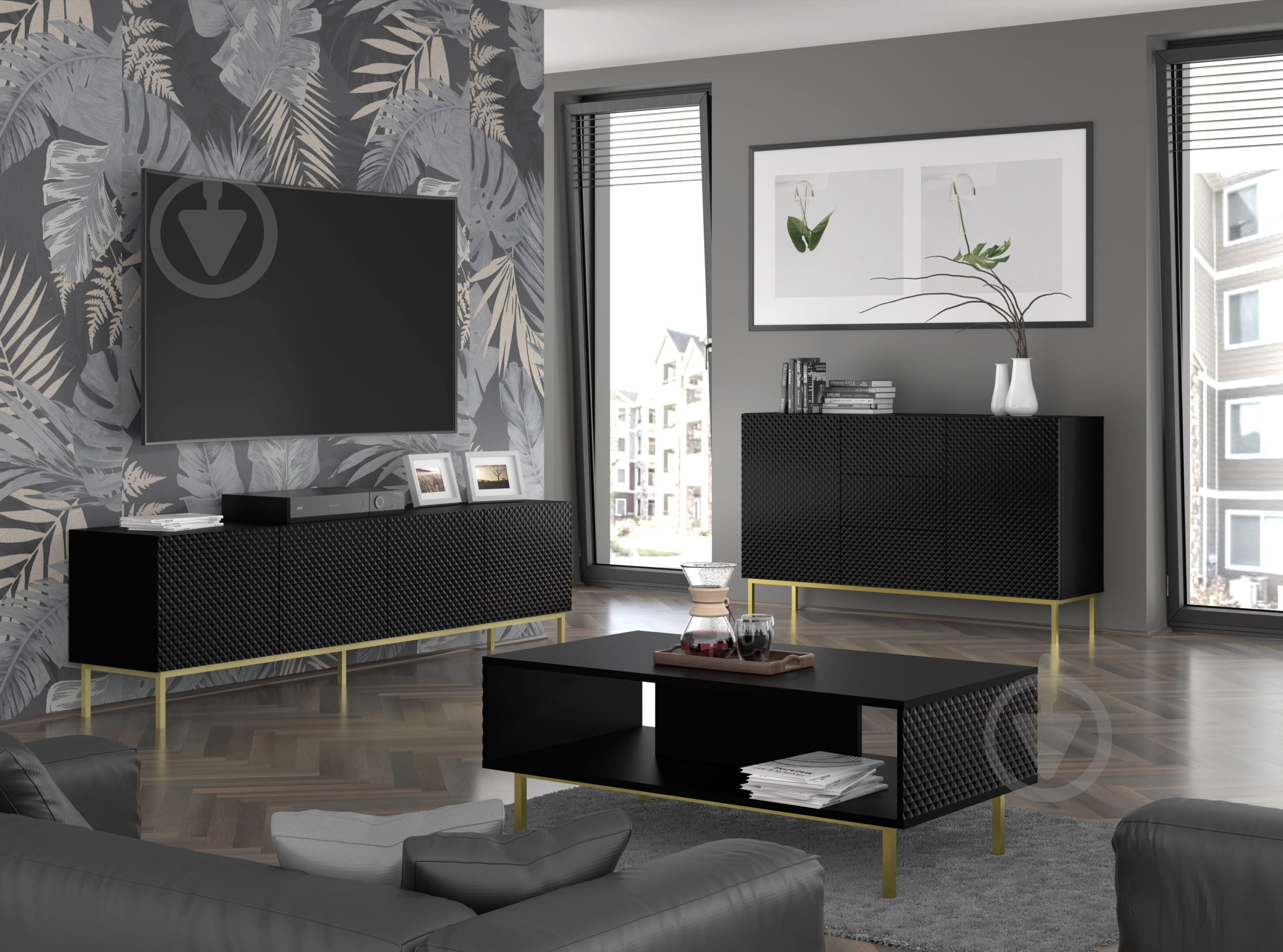 Тумба під ТВ BIM Furniture Ravenna 3д 1500x560x420 мм чорний(RAVENNA_C_DIAMOND_MDF_HG_TV_ST) - фото 4