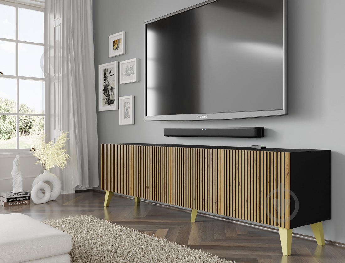 Тумба под ТВ BIM Furniture Ravenna 4д 2000x560x420 мм дуб артизан/золотой/черный матовый (RAVENNA_F_PAINTED_MDF_TV_STAND) - фото 4 Тумба под ТВ BIM Furniture Ravenna 4д 2000x560x420 мм дуб артизан/золотой/черный матовый (RAVENNA_F_PAINTED_MDF_TV_STAND) - фото 4