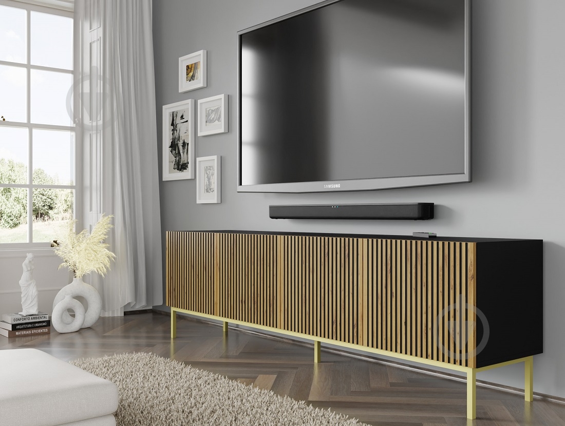 Тумба под ТВ BIM Furniture Ravenna 4д 2000x580x420 мм дуб артизан/золотой/черный матовый (RAVENNA_F_PAINTED_MDF_TV_STAND) - фото 4 Тумба под ТВ BIM Furniture Ravenna 4д 2000x580x420 мм дуб артизан/золотой/черный матовый (RAVENNA_F_PAINTED_MDF_TV_STAND) - фото 4