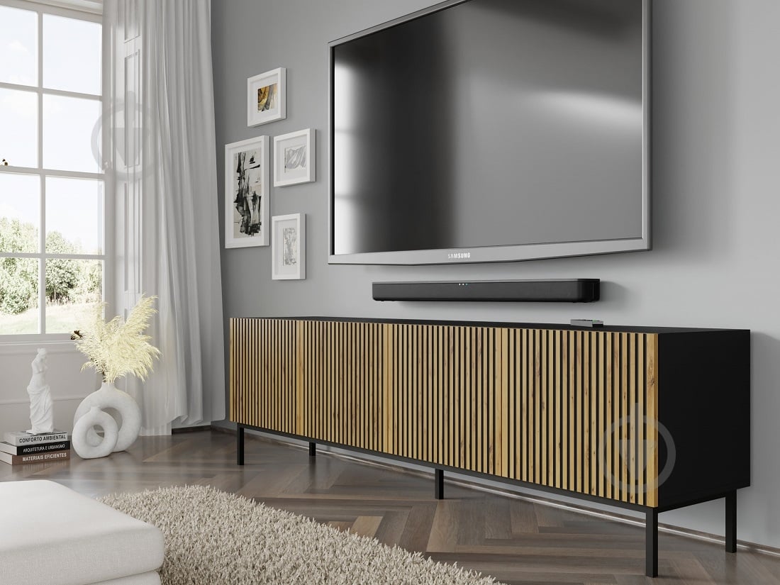 Тумба под ТВ BIM Furniture Ravenna 4д 2000x580x420 мм дуб артизан/черный/черный матовый (RAVENNA_F_PAINTED_MDF_TV_STAND) - фото 4 Тумба под ТВ BIM Furniture Ravenna 4д 2000x580x420 мм дуб артизан/черный/черный матовый (RAVENNA_F_PAINTED_MDF_TV_STAND) - фото 4