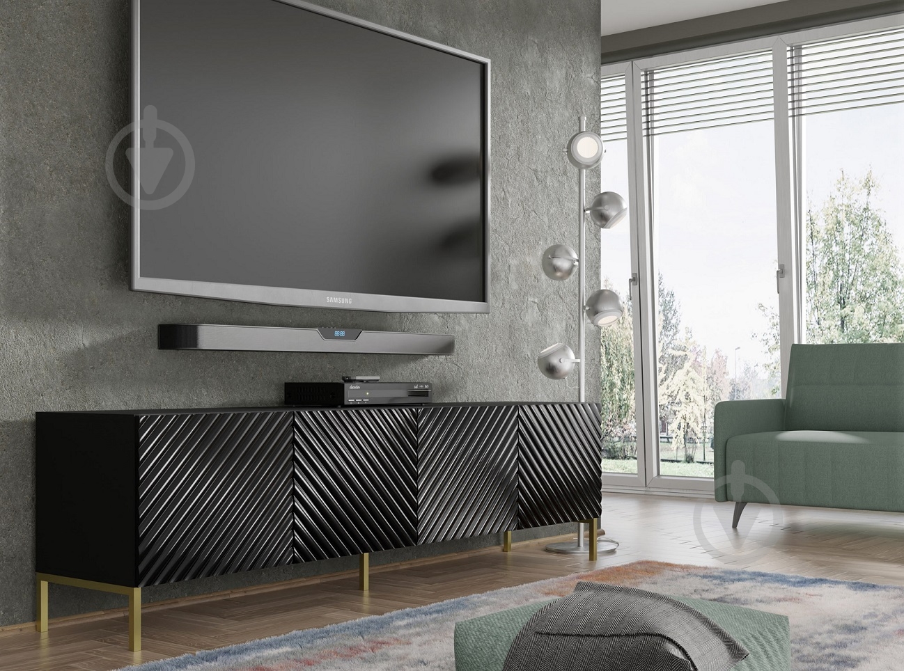 Тумба под ТВ BIM Furniture Surf 4д 2000x560x420 мм черный/золотой(SURF_TV_STAND_200_4D_BLACK_GLO) - фото 5 Тумба под ТВ BIM Furniture Surf 4д 2000x560x420 мм черный/золотой(SURF_TV_STAND_200_4D_BLACK_GLO) - фото 5