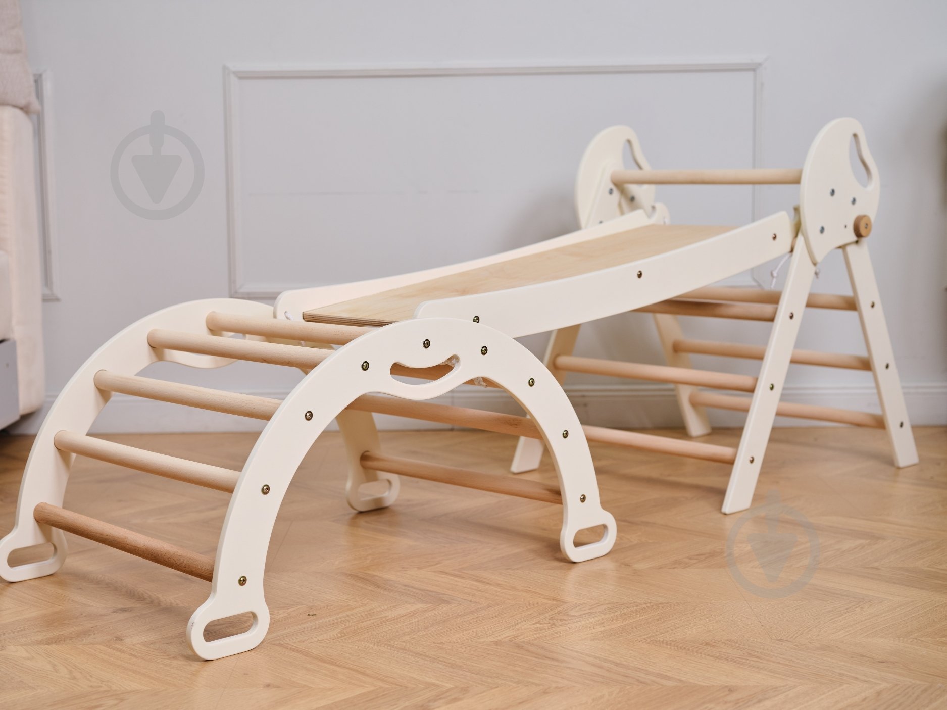 Игровой комплекс Goodevas Монтессори 4в1 mini треугольник Пиклера/арка/горка/подушка Молочный E556 - фото 2 Игровой комплекс Goodevas Монтессори 4в1 mini треугольник Пиклера/арка/горка/подушка Молочный E556 - фото 2