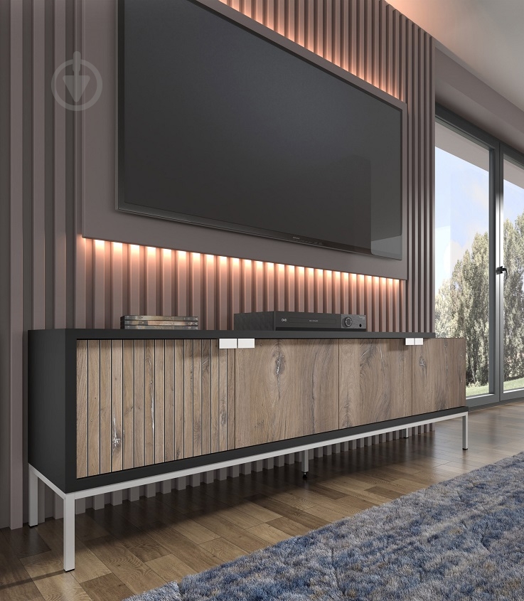 Тумба під ТВ BIM Furniture Toledo 4д 1900x620x420 мм чорний матовий/дуб флагшток (TOLEDO_TV_STAND_200_4D_FLAGSTA) - фото 4 Тумба під ТВ BIM Furniture Toledo 4д 1900x620x420 мм чорний матовий/дуб флагшток (TOLEDO_TV_STAND_200_4D_FLAGSTA) - фото 4