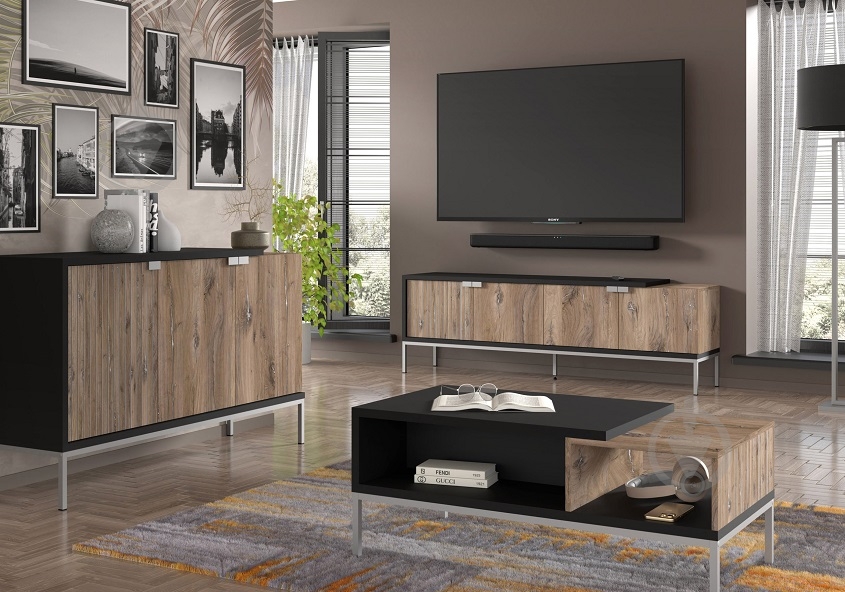 Тумба під ТВ BIM Furniture Toledo 4д 1900x620x420 мм чорний матовий/дуб флагшток (TOLEDO_TV_STAND_200_4D_FLAGSTA) - фото 5 Тумба під ТВ BIM Furniture Toledo 4д 1900x620x420 мм чорний матовий/дуб флагшток (TOLEDO_TV_STAND_200_4D_FLAGSTA) - фото 5