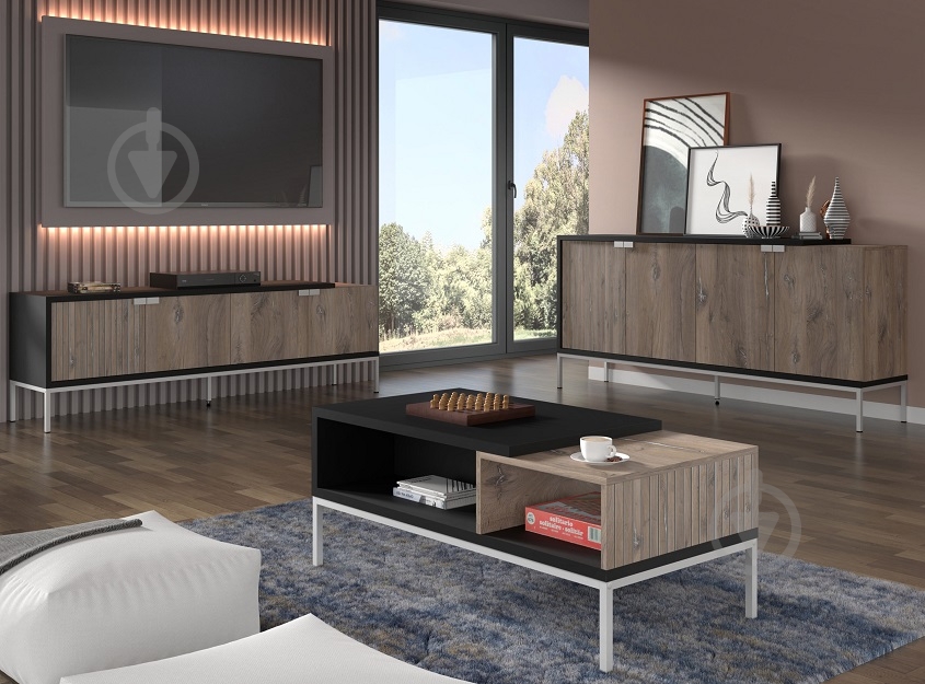 Тумба під ТВ BIM Furniture Toledo 4д 1900x620x420 мм чорний матовий/дуб флагшток (TOLEDO_TV_STAND_200_4D_FLAGSTA) - фото 6 Тумба під ТВ BIM Furniture Toledo 4д 1900x620x420 мм чорний матовий/дуб флагшток (TOLEDO_TV_STAND_200_4D_FLAGSTA) - фото 6