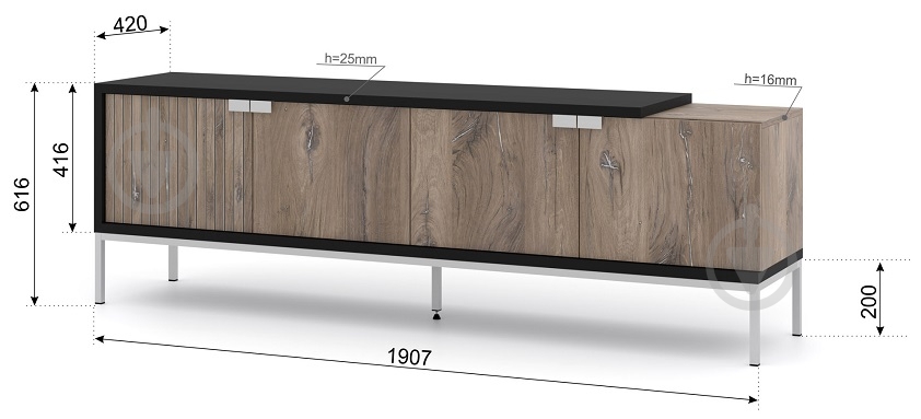 Тумба під ТВ BIM Furniture Toledo 4д 1900x620x420 мм чорний матовий/дуб флагшток (TOLEDO_TV_STAND_200_4D_FLAGSTA) - фото 3 Тумба під ТВ BIM Furniture Toledo 4д 1900x620x420 мм чорний матовий/дуб флагшток (TOLEDO_TV_STAND_200_4D_FLAGSTA) - фото 3