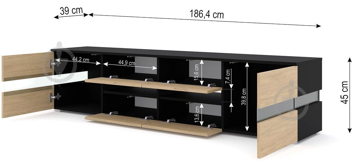Тумба под ТВ BIM Furniture Viper 8д 1860x450x390 мм черный матовый/дуб каменный (VIPER_TV_STAND_186_2D4K_BLACK_) - фото 4 Тумба под ТВ BIM Furniture Viper 8д 1860x450x390 мм черный матовый/дуб каменный (VIPER_TV_STAND_186_2D4K_BLACK_) - фото 4