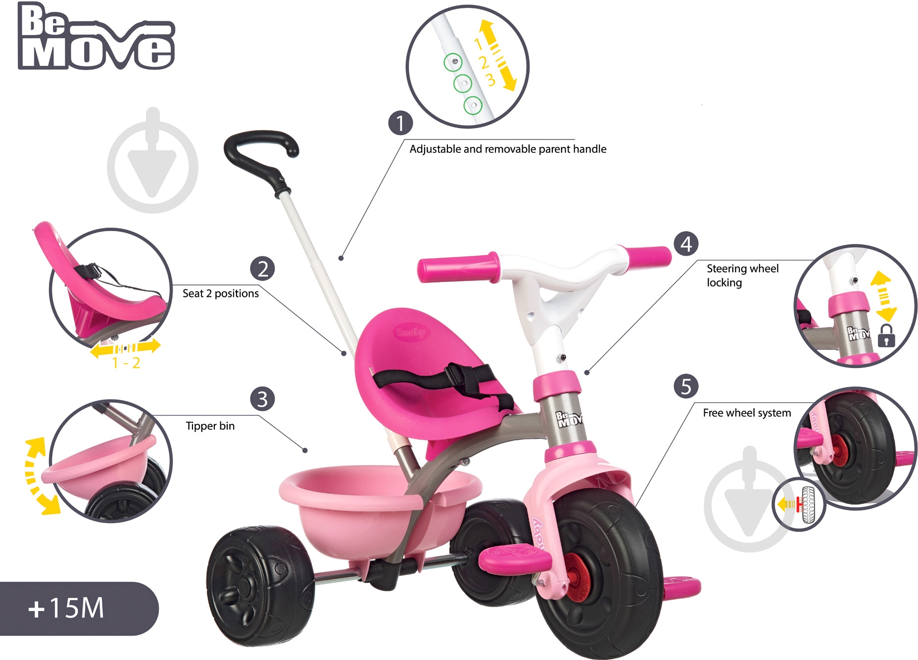 Велосипед дитячий Smoby Be Move рожевий 740315 - фото 2 Велосипед дитячий Smoby Be Move рожевий 740315 - фото 2