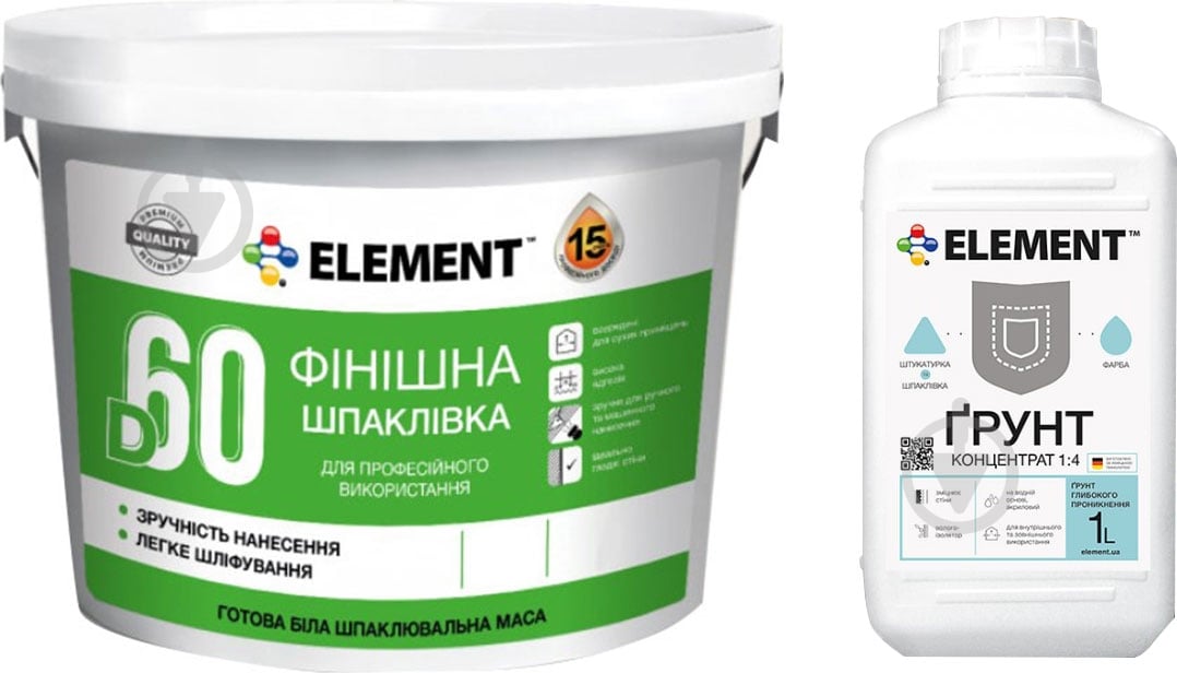 Шпаклевка Element D60 27 кг + грунт концентрат 1:4 1 л - фото 1