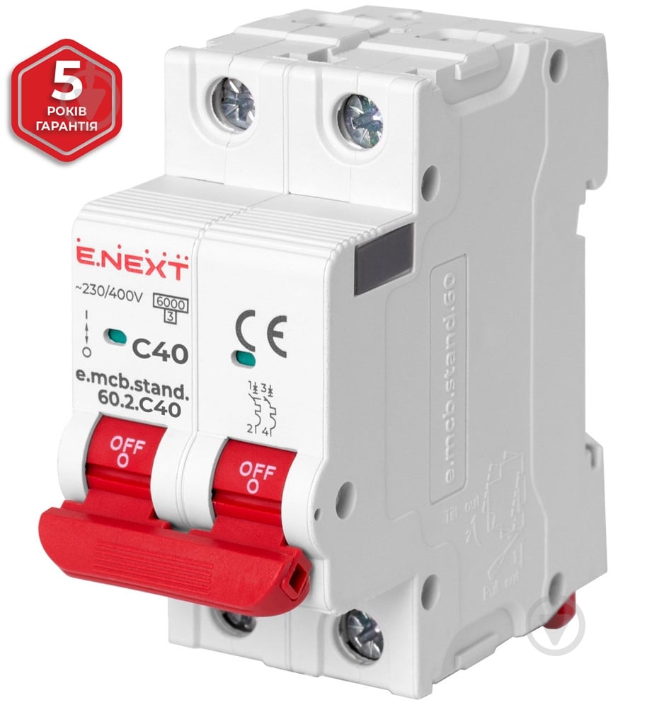 Автоматический выключатель E.NEXT e.mcb.stand.60.2.C40, 2р, 40А, C, 6кА s002121 - фото 1