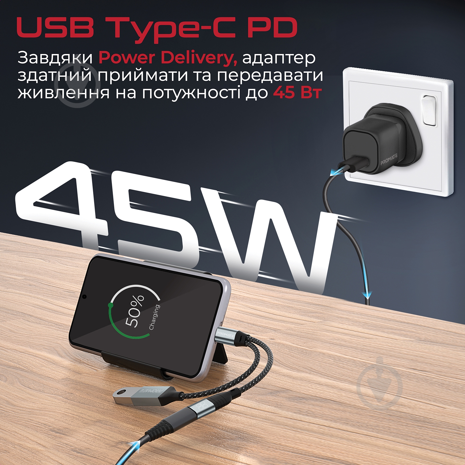 Адаптер Promate OTGLink-C USB-C to USB-C/USB-A 0,016 м черный (otglink-c.black) - фото 4