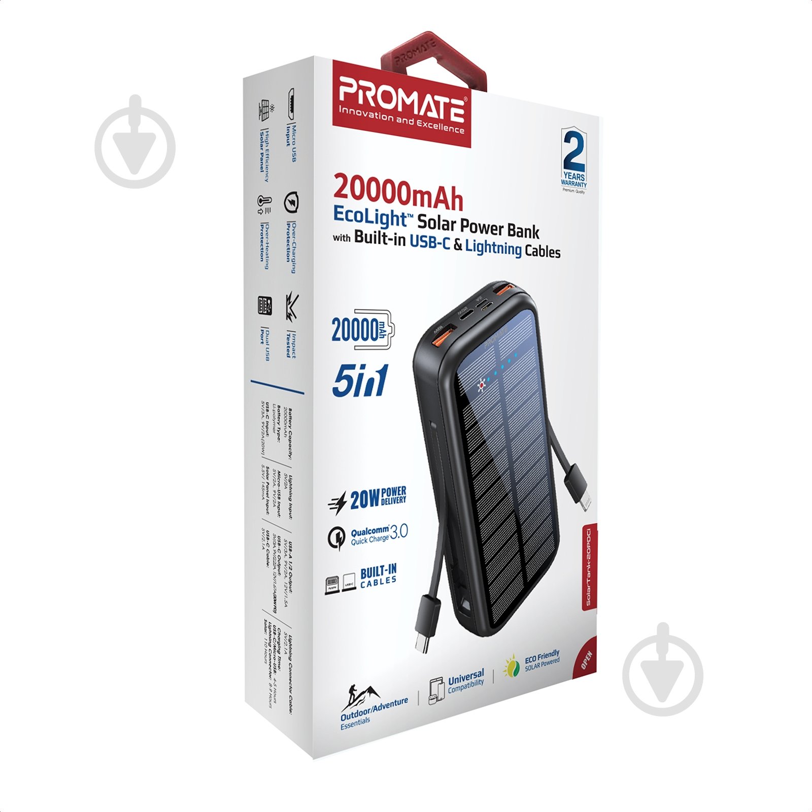 Повербанк із сонячною панеллю Promate 20000 mAh (solartank-20pdci.black) - фото 9