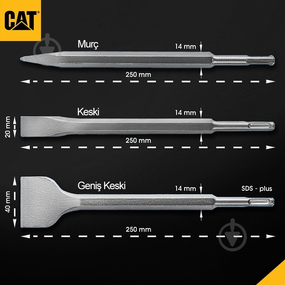 Набор зубил CAT SDS-plus 250 мм 3 шт. DA03903 - фото 3 Набор зубил CAT SDS-plus 250 мм 3 шт. DA03903 - фото 3