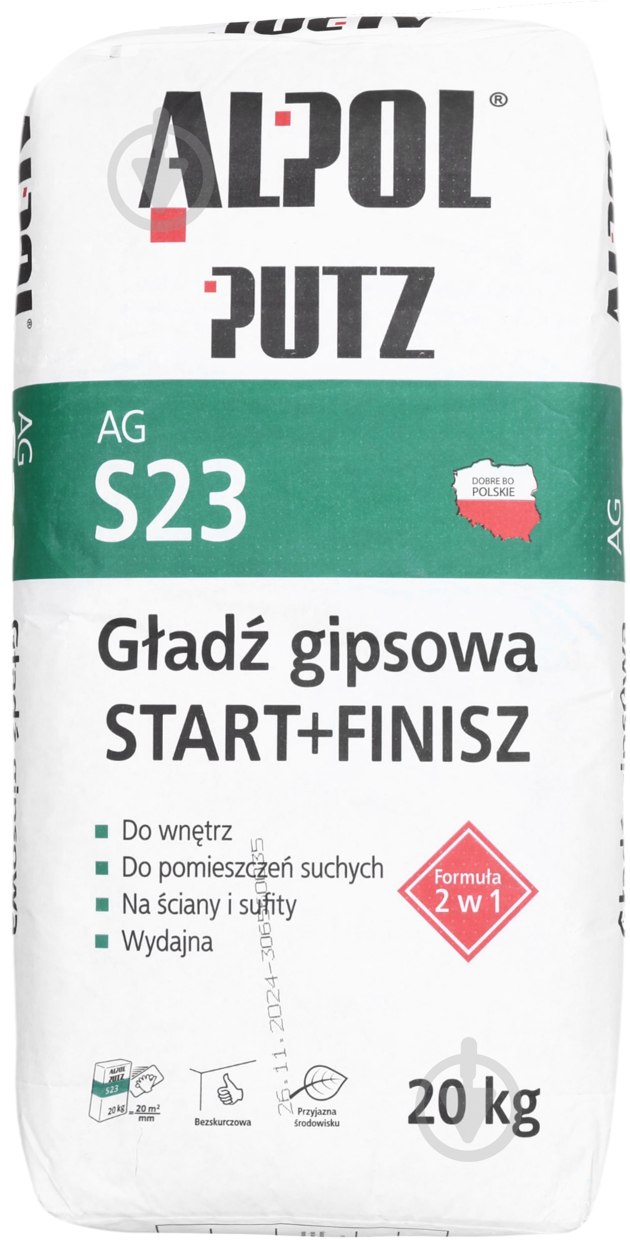 Шпаклевка Alpol гипсовая 2в1 (старт+финиш) Putz AG S23 20кг - фото 1
