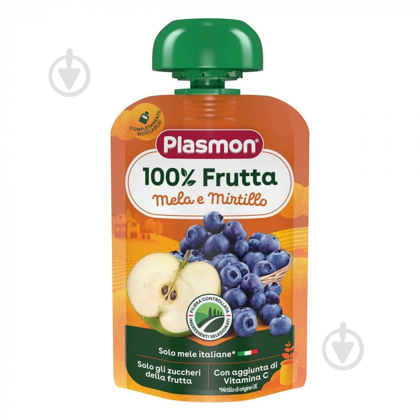 Пюре фруктово-ягідне PLASMON Яблуко-лохина 100 мл - фото 1