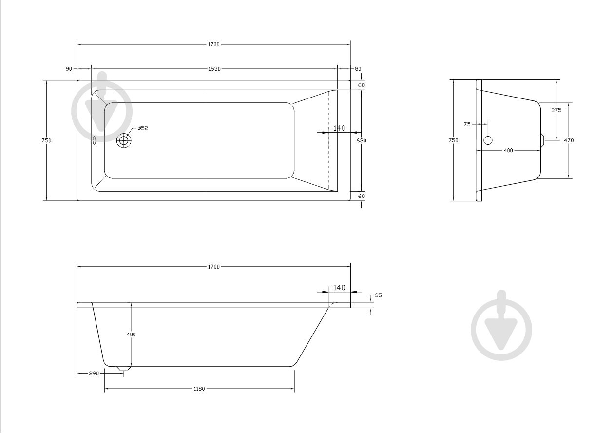 Ванна акриловая HES Forma 170х75 см с ножками - фото 6 Ванна акриловая HES Forma 170х75 см с ножками - фото 6