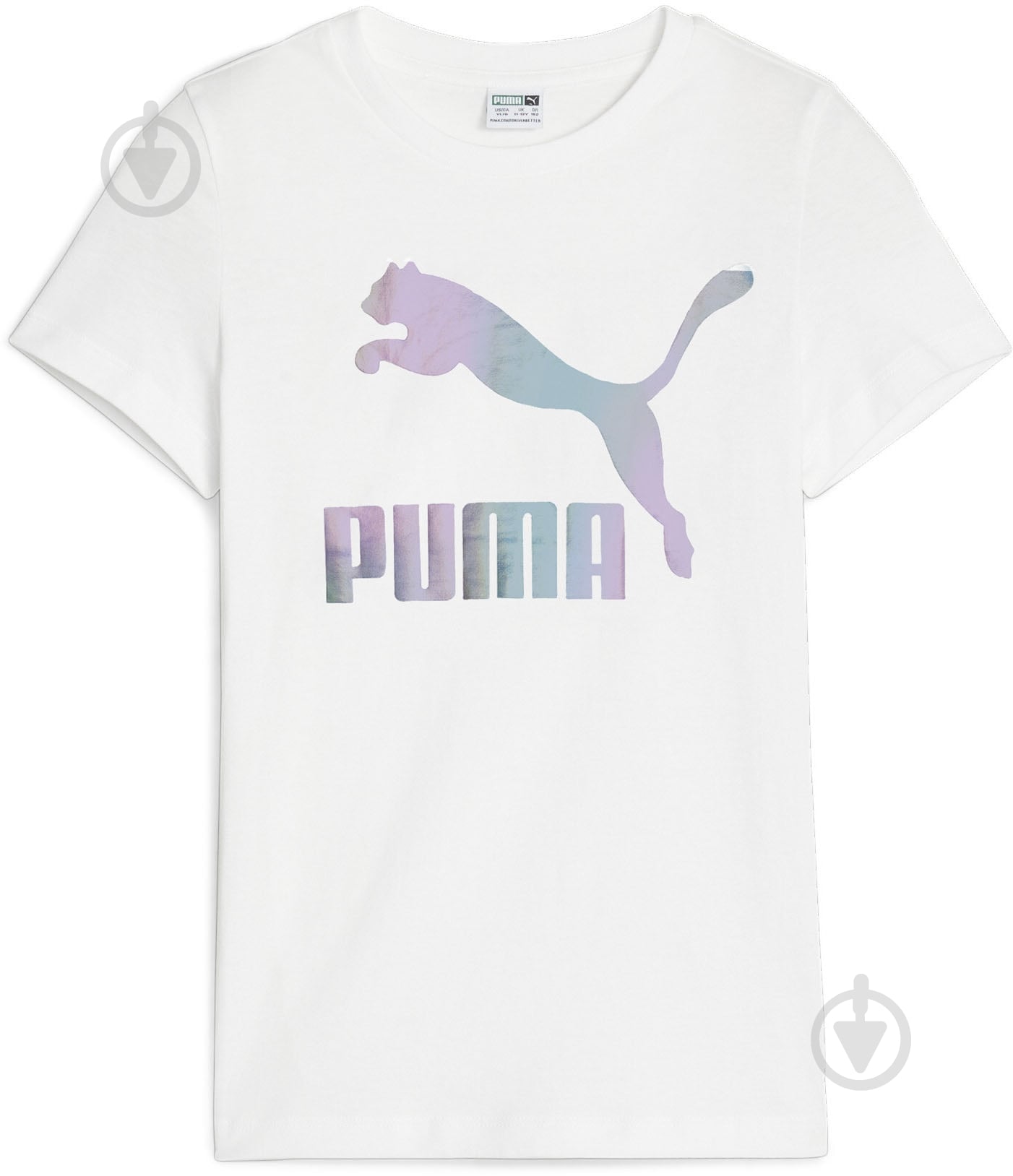 Футболка Puma CLASSICS IRIDESCENT LOGO TEE G 62290402 р.164 белый - фото 1 Футболка Puma CLASSICS IRIDESCENT LOGO TEE G 62290402 р.164 белый - фото 1