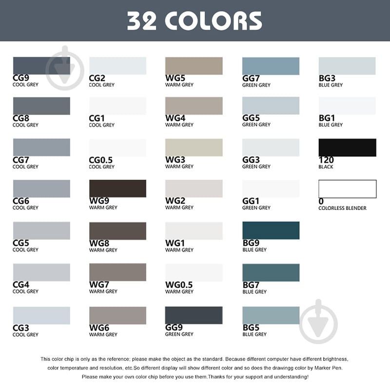 Набор маркеров Arrtx спиртовых Alp ASM-02GY 32 цвета серые оттенки LC302277 - фото 2 Набор маркеров Arrtx спиртовых Alp ASM-02GY 32 цвета серые оттенки LC302277 - фото 2