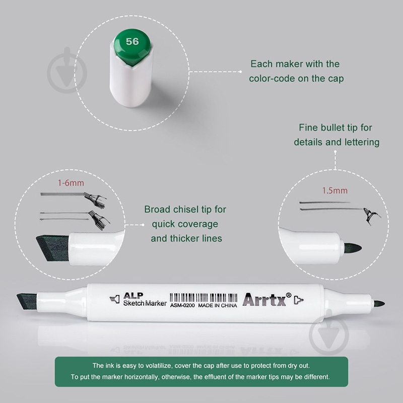 Набір маркерів Arrtx спиртових Alp ASM-02GN 24 кольору зелені відтінки зелений LC302246 - фото 6 Набір маркерів Arrtx спиртових Alp ASM-02GN 24 кольору зелені відтінки зелений LC302246 - фото 6