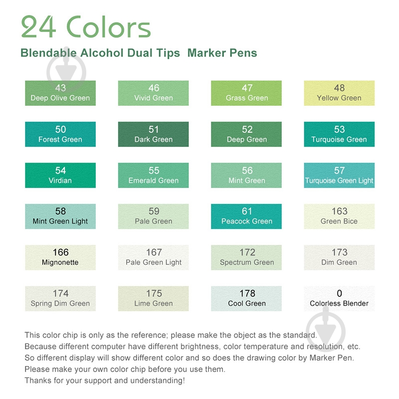 Набір маркерів Arrtx спиртових Alp ASM-02GN 24 кольору зелені відтінки зелений LC302246 - фото 2 Набір маркерів Arrtx спиртових Alp ASM-02GN 24 кольору зелені відтінки зелений LC302246 - фото 2
