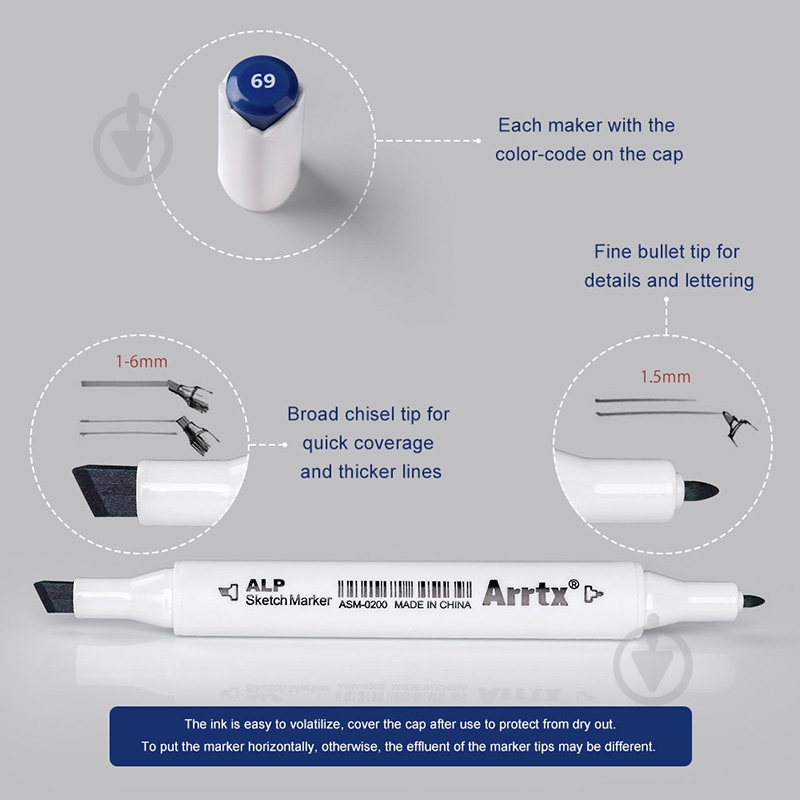 Набір маркерів Arrtx спиртових Alp ASM-02BU 24 кольору сині відтінки LC302215 - фото 6 Набір маркерів Arrtx спиртових Alp ASM-02BU 24 кольору сині відтінки LC302215 - фото 6