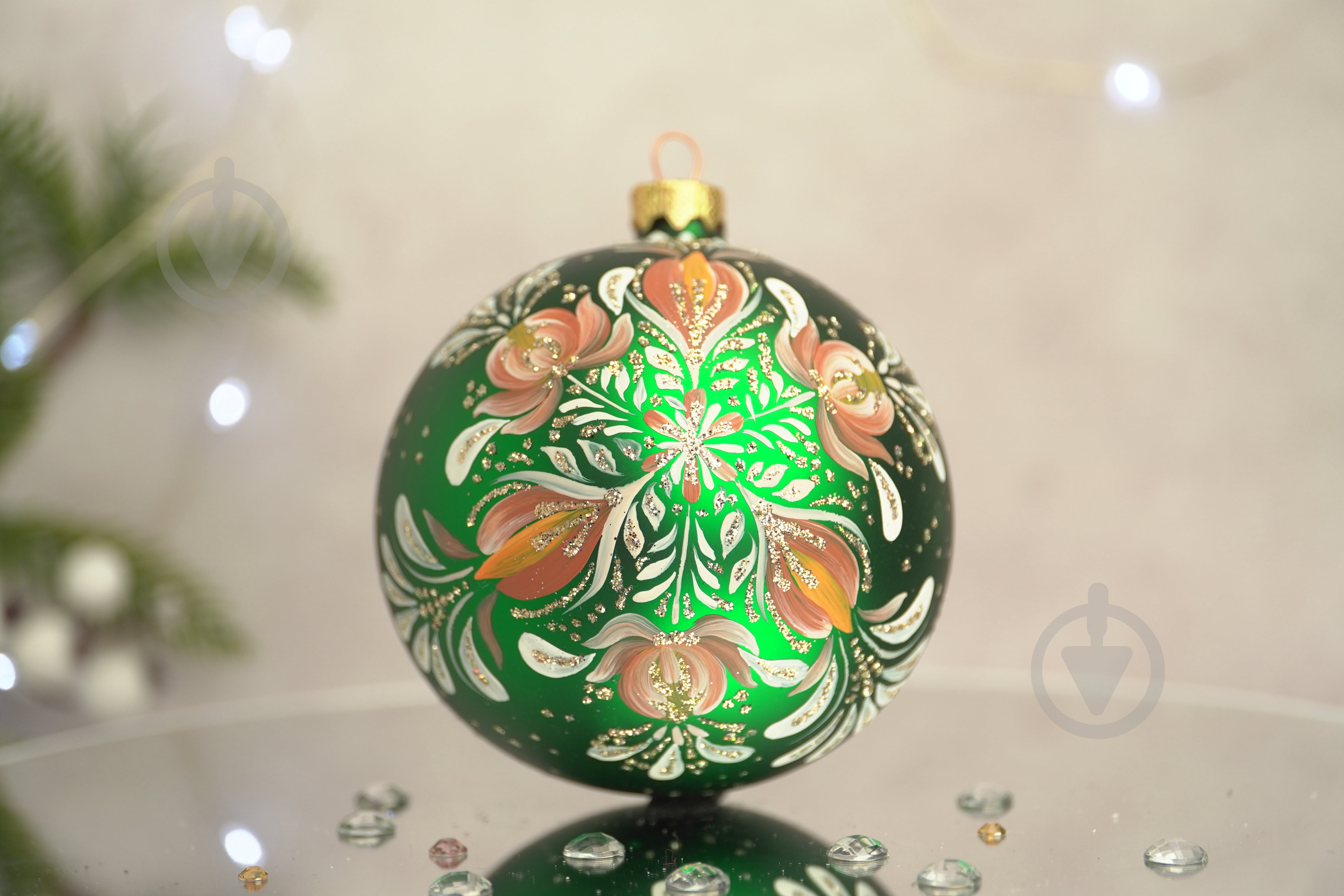 Куля ялинкова Квіткова крижинка d 100 мм зелений 4820001154337 - фото 1 Куля ялинкова Квіткова крижинка d 100 мм зелений 4820001154337 - фото 1