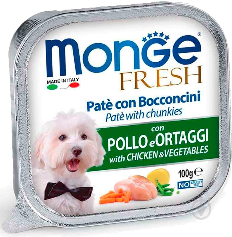 Корм вологий для усіх порід Monge FRESH з куркою та овочами (70013031) 100 г - фото 1 Корм вологий для усіх порід Monge FRESH з куркою та овочами (70013031) 100 г - фото 1