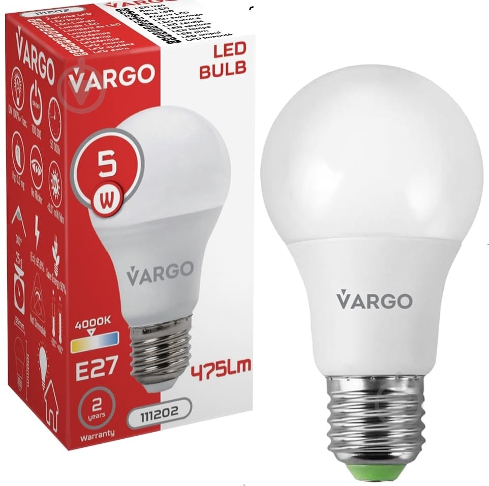 Лампа светодиодная VARGO A60 5 Вт A60 E27 220 В 4000 К 111202 - фото 2 Лампа светодиодная VARGO A60 5 Вт A60 E27 220 В 4000 К 111202 - фото 2