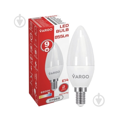 Лампа светодиодная VARGO V-117968 9 Вт C37 E14 220 В 6500 К 117968 - фото 2 Лампа светодиодная VARGO V-117968 9 Вт C37 E14 220 В 6500 К 117968 - фото 2