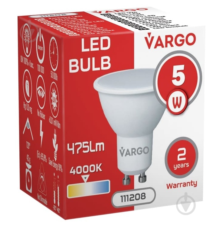 Лампа світлодіодна VARGO V-111208 5 Вт G95 GU10 220 В 4000 К 111208 - фото 2 Лампа світлодіодна VARGO V-111208 5 Вт G95 GU10 220 В 4000 К 111208 - фото 2