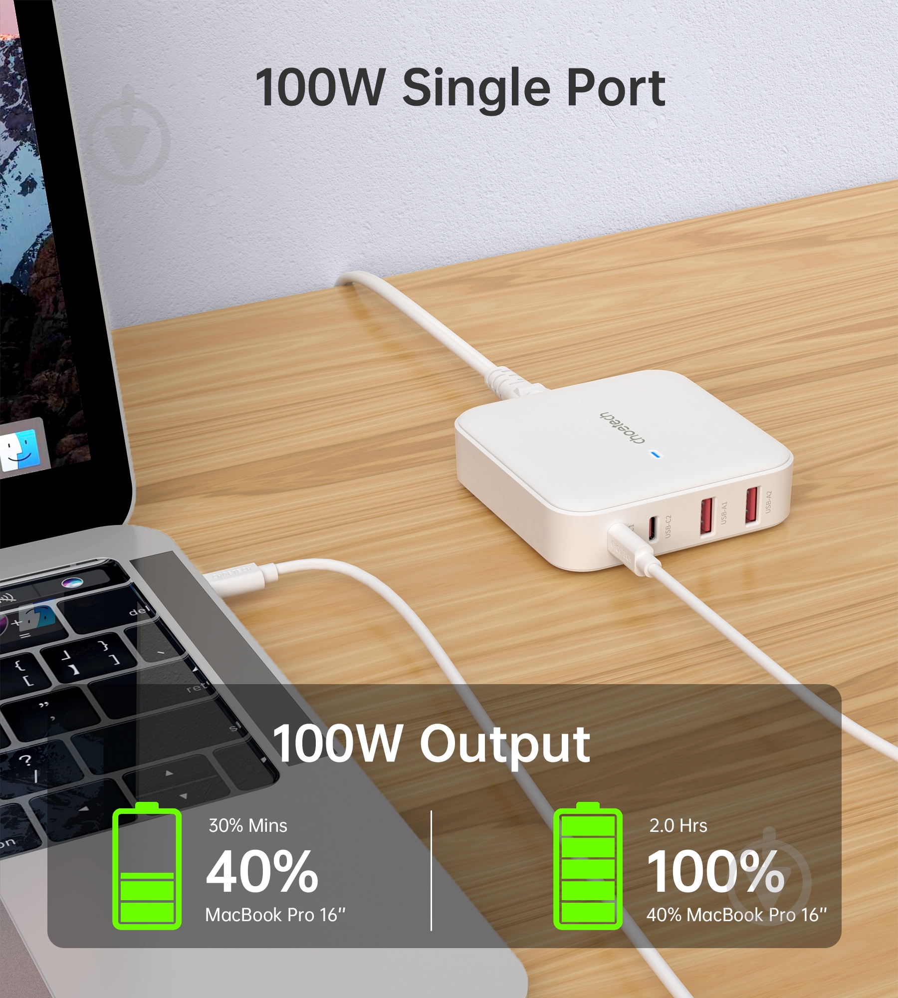 Зарядное устройство Choetech GaN, 2 USB-A / 2 USB-C, 100Вт, QC3.0/PD/PPS - фото 4