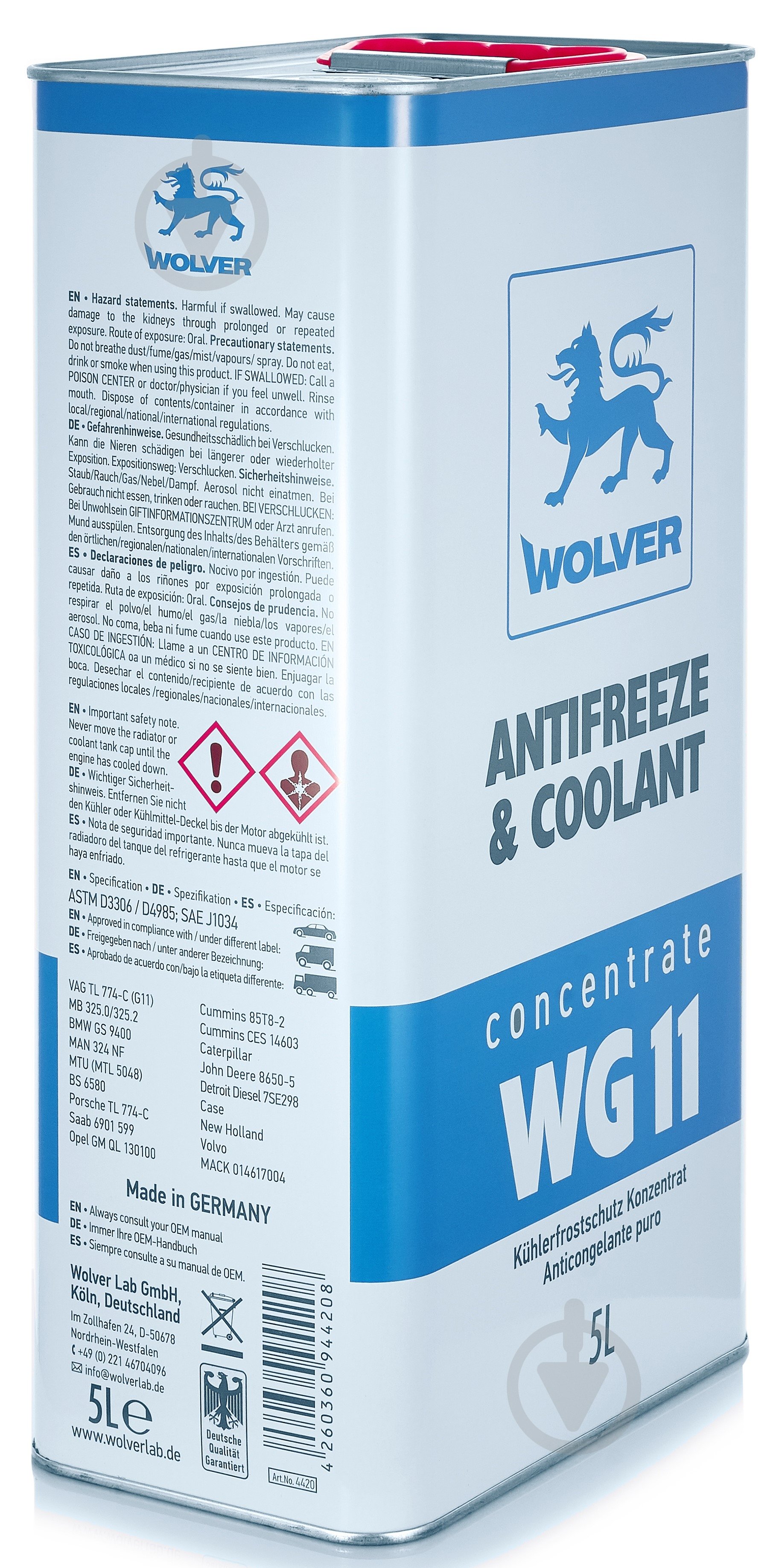Антифриз Wolver Concentrate WG11 G11 від -80 до +120 концентрат 5 л 5 кг блакитний/синій - фото 2 Антифриз Wolver Concentrate WG11 G11 від -80 до +120 концентрат 5 л 5 кг блакитний/синій - фото 2