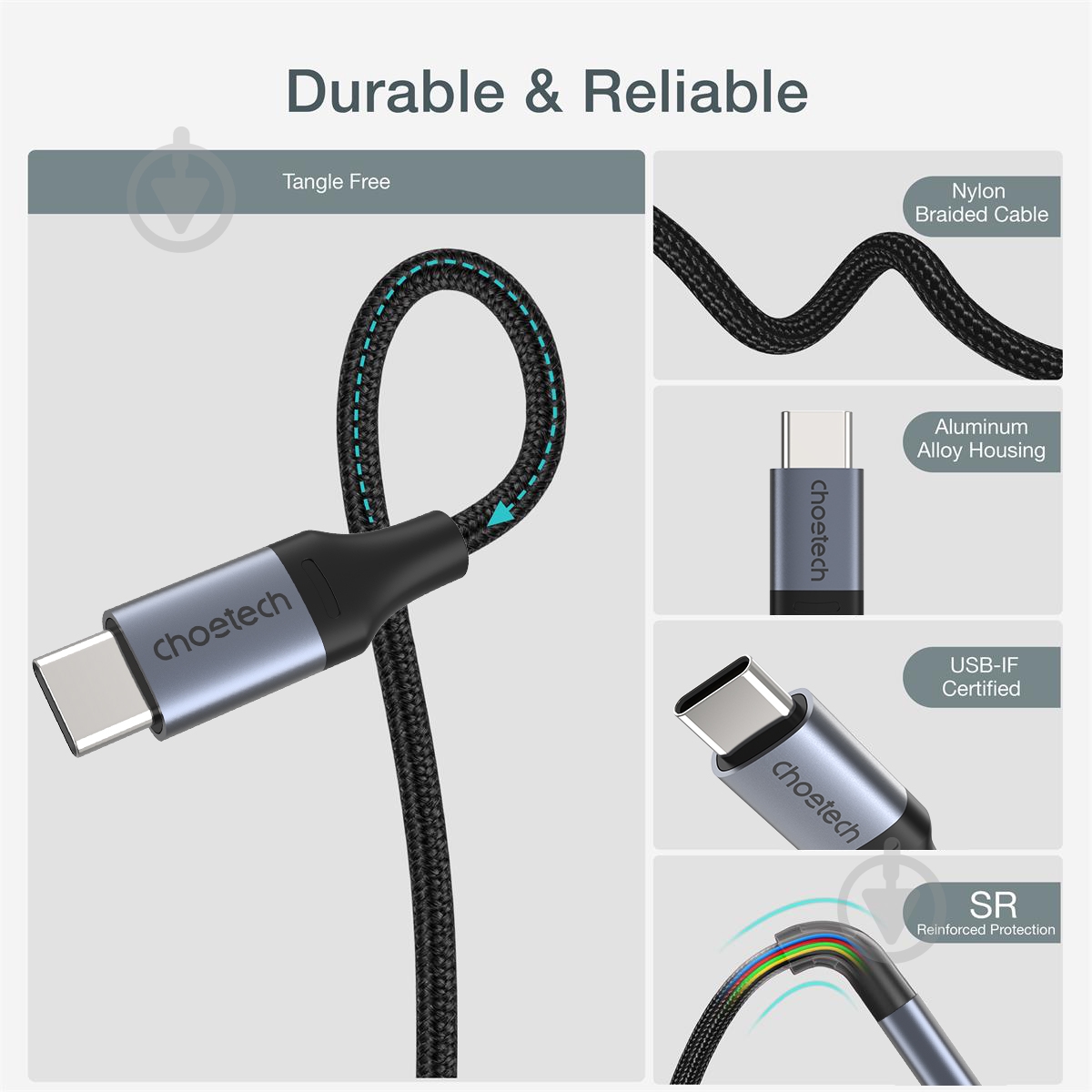 Кабель Choetech USB 2.0 USB-CUSB-C 60 ватт 1,2 м черный (XCC-1003-BK) - фото 4