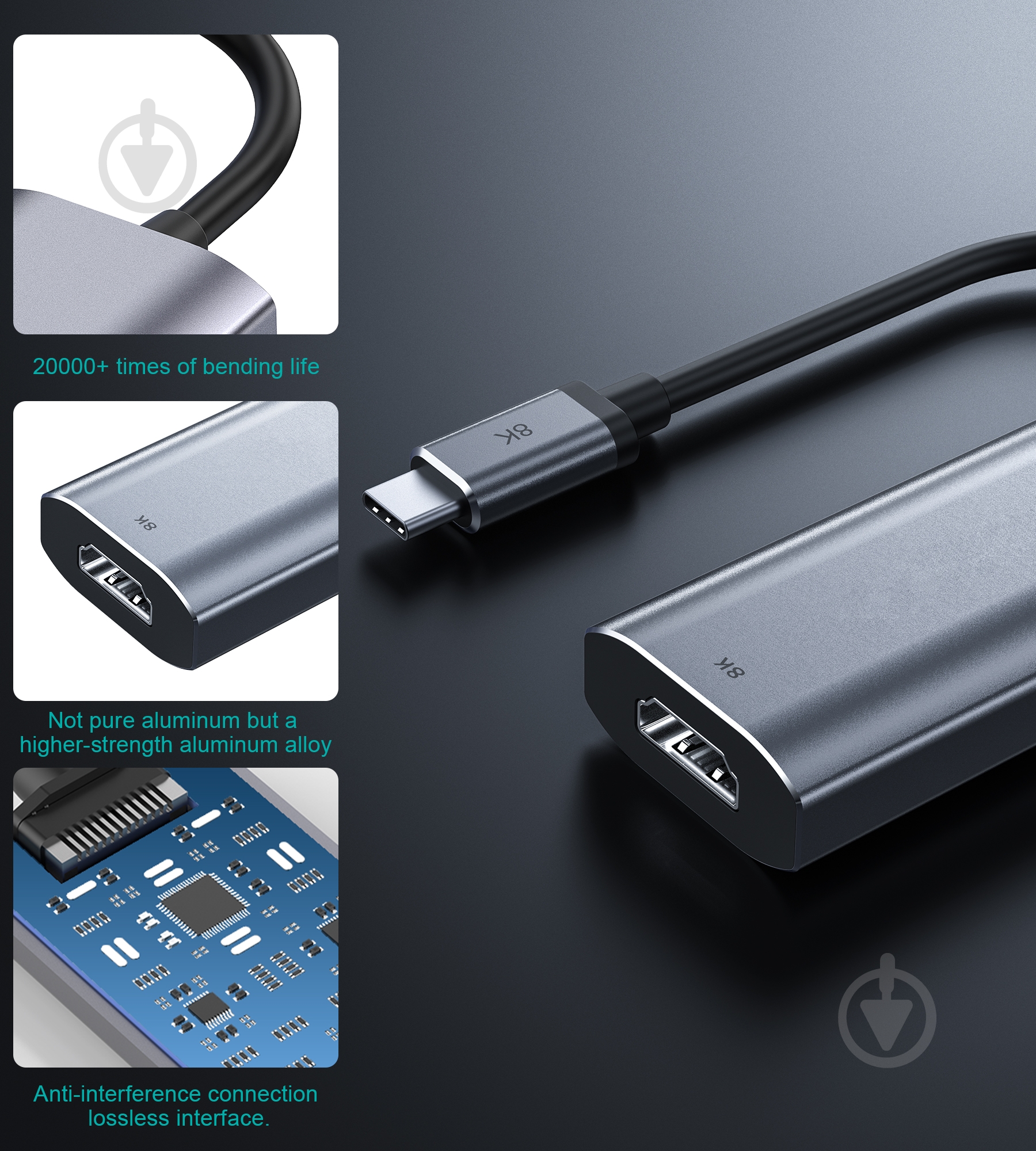 Адаптер Choetech USB-C на HDMI, 8К 60 Гц 0,11 м grey (HUB-H16-GY) - фото 3 Адаптер Choetech USB-C на HDMI, 8К 60 Гц 0,11 м grey (HUB-H16-GY) - фото 3