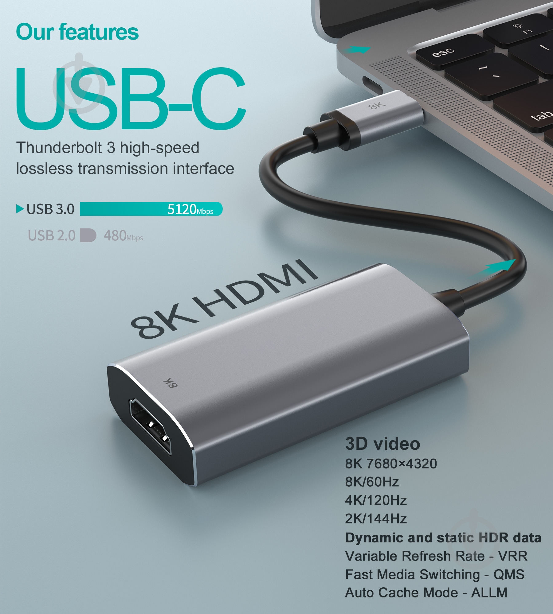 Адаптер Choetech USB-C на HDMI, 8К 60 Гц 0,11 м grey (HUB-H16-GY) - фото 4 Адаптер Choetech USB-C на HDMI, 8К 60 Гц 0,11 м grey (HUB-H16-GY) - фото 4