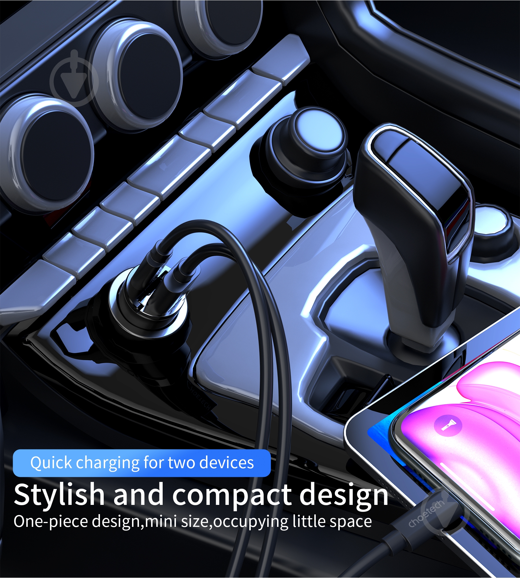 Зарядное устройство — адаптер прикуривателя-USB Choetech USB-A/USB-C, 30Вт, QC3.0/PD - фото 11