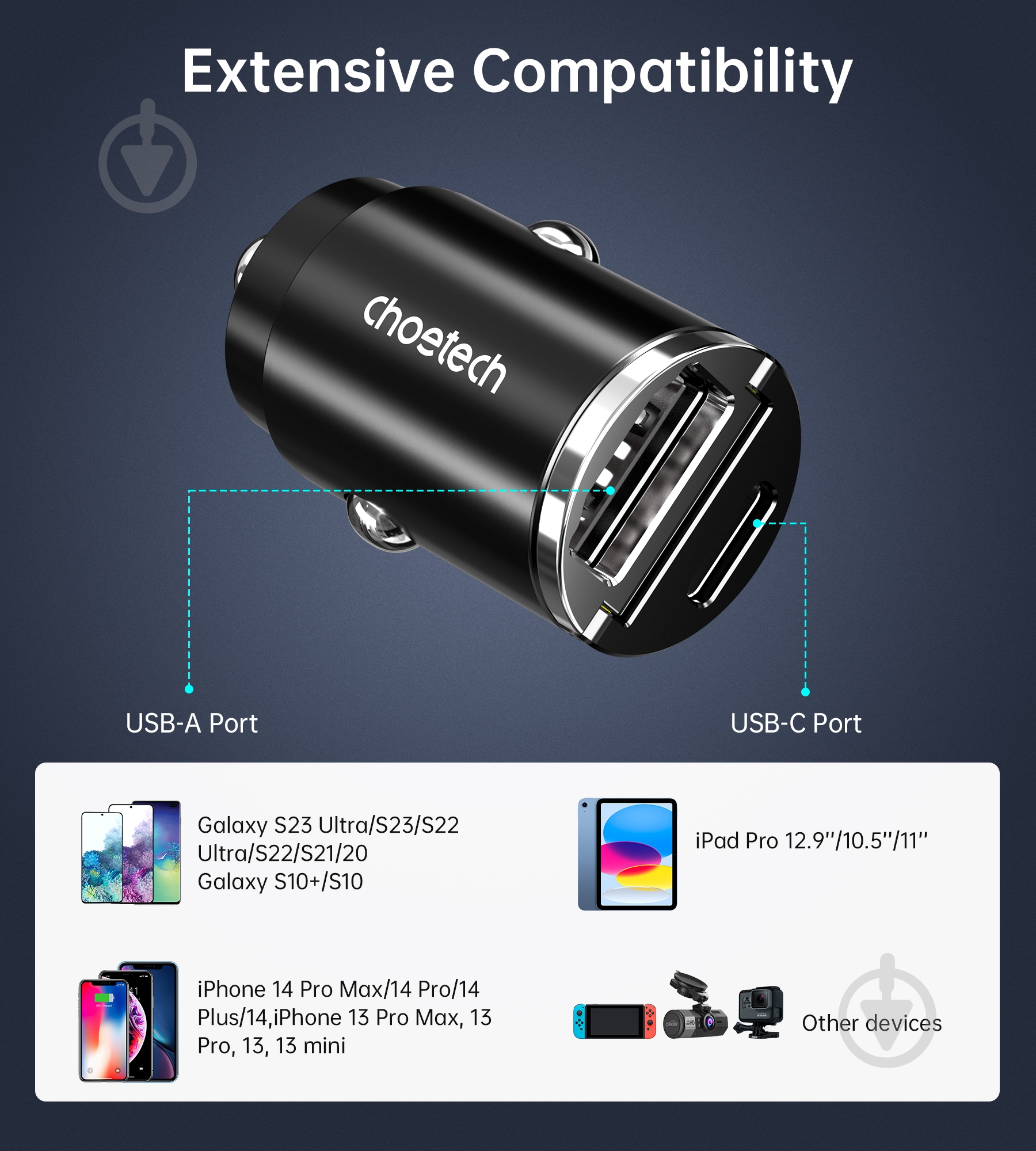 Зарядное устройство — адаптер прикуривателя-USB Choetech USB-A/USB-C, 30Вт, QC3.0/PD - фото 7