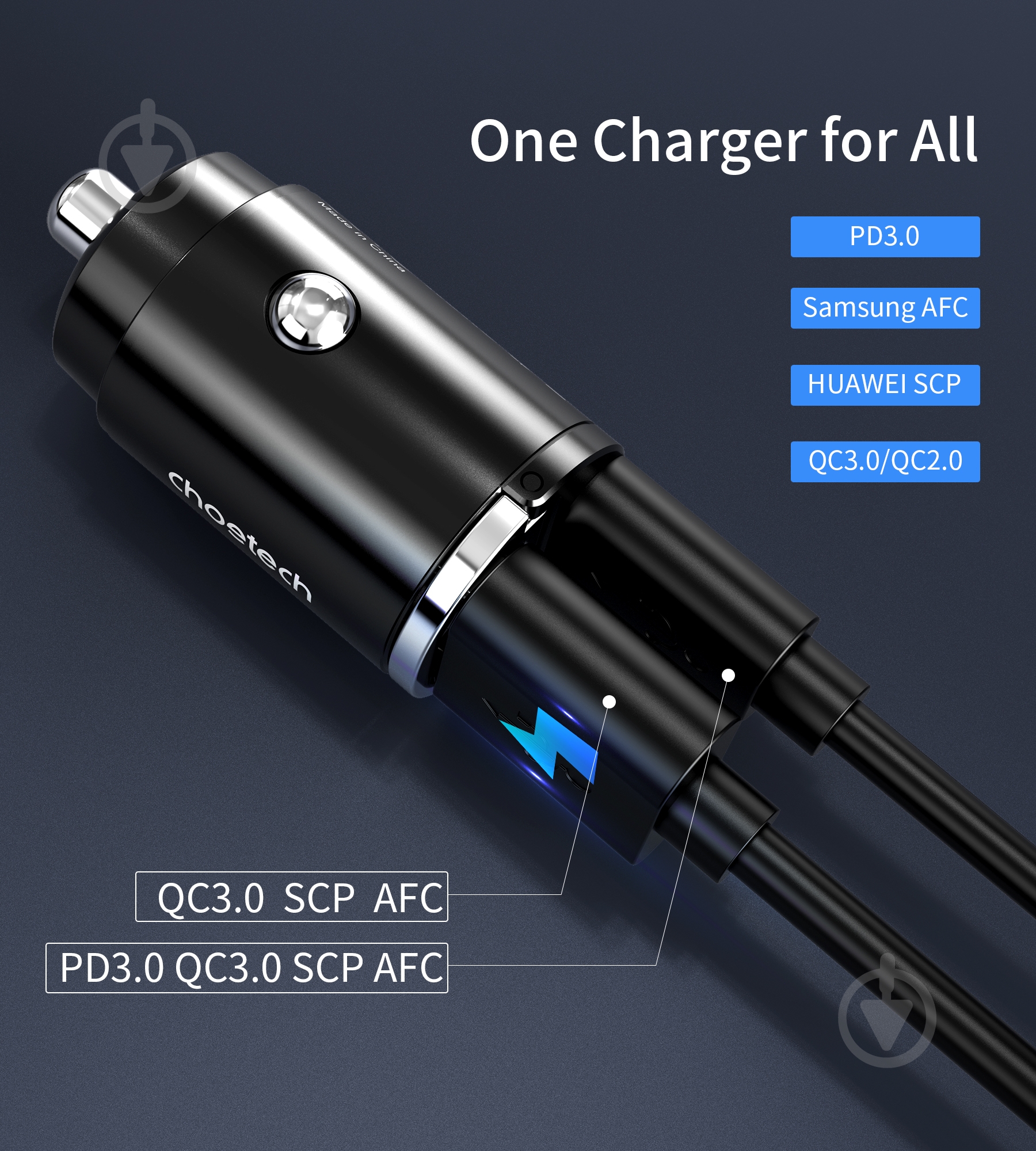 Зарядное устройство — адаптер прикуривателя-USB Choetech USB-A/USB-C, 30Вт, QC3.0/PD - фото 9