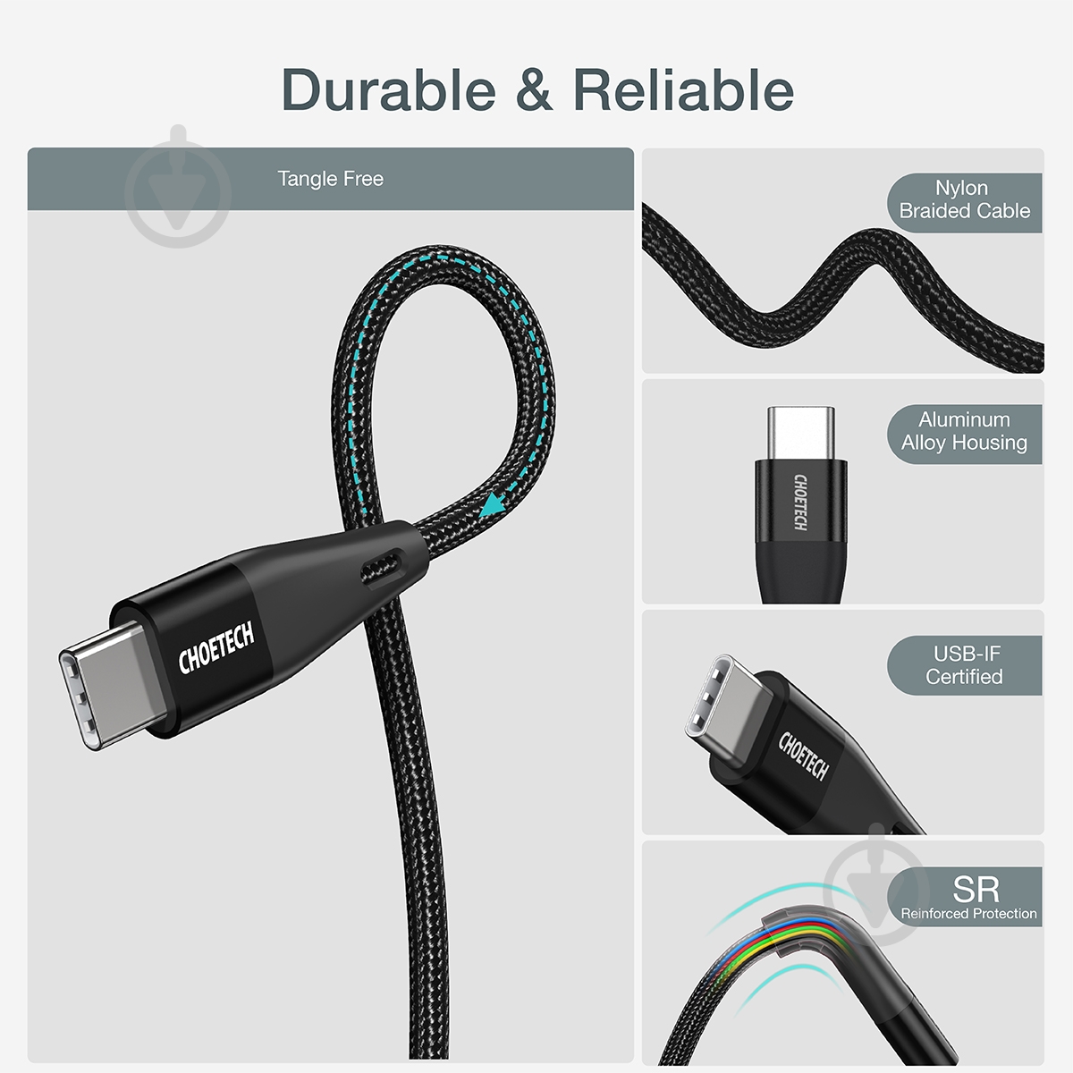 Кабель Choetech USB 2.0 USB Type-C, 60 ватт 2 м black (XCC-1004-BK) - фото 6 Кабель Choetech USB 2.0 USB Type-C, 60 ватт 2 м black (XCC-1004-BK) - фото 6