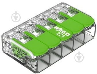 Клемма быстрого монтажа на 5 проводников с рычагами WAGO 221-425 0,2-4 мм² Green Range зеленый 22-2625У-W - фото 1 Клемма быстрого монтажа на 5 проводников с рычагами WAGO 221-425 0,2-4 мм² Green Range зеленый 22-2625У-W - фото 1