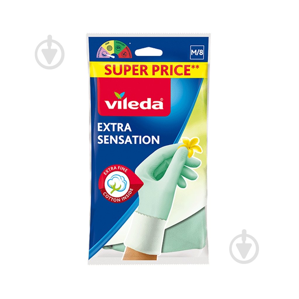 Перчатки латексные Vileda Extra Sensation крепкие р. M 1 пар/уп. - фото 1