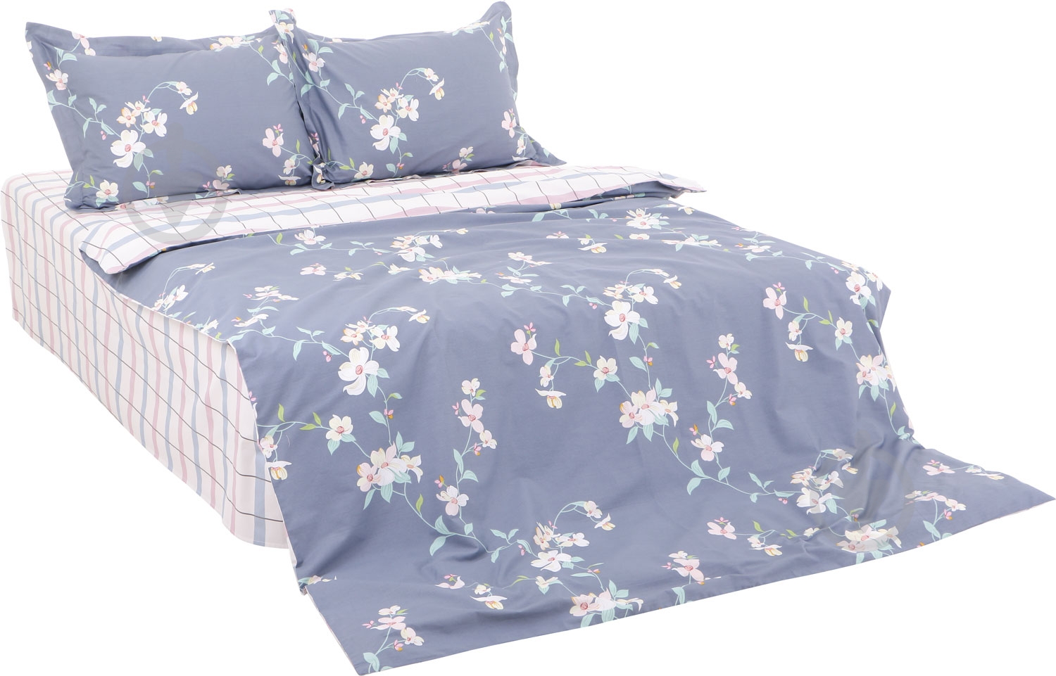 Комплект постільної білизни Floral Check 1,5 біло-синьо-рожевий La Nuit - фото 1