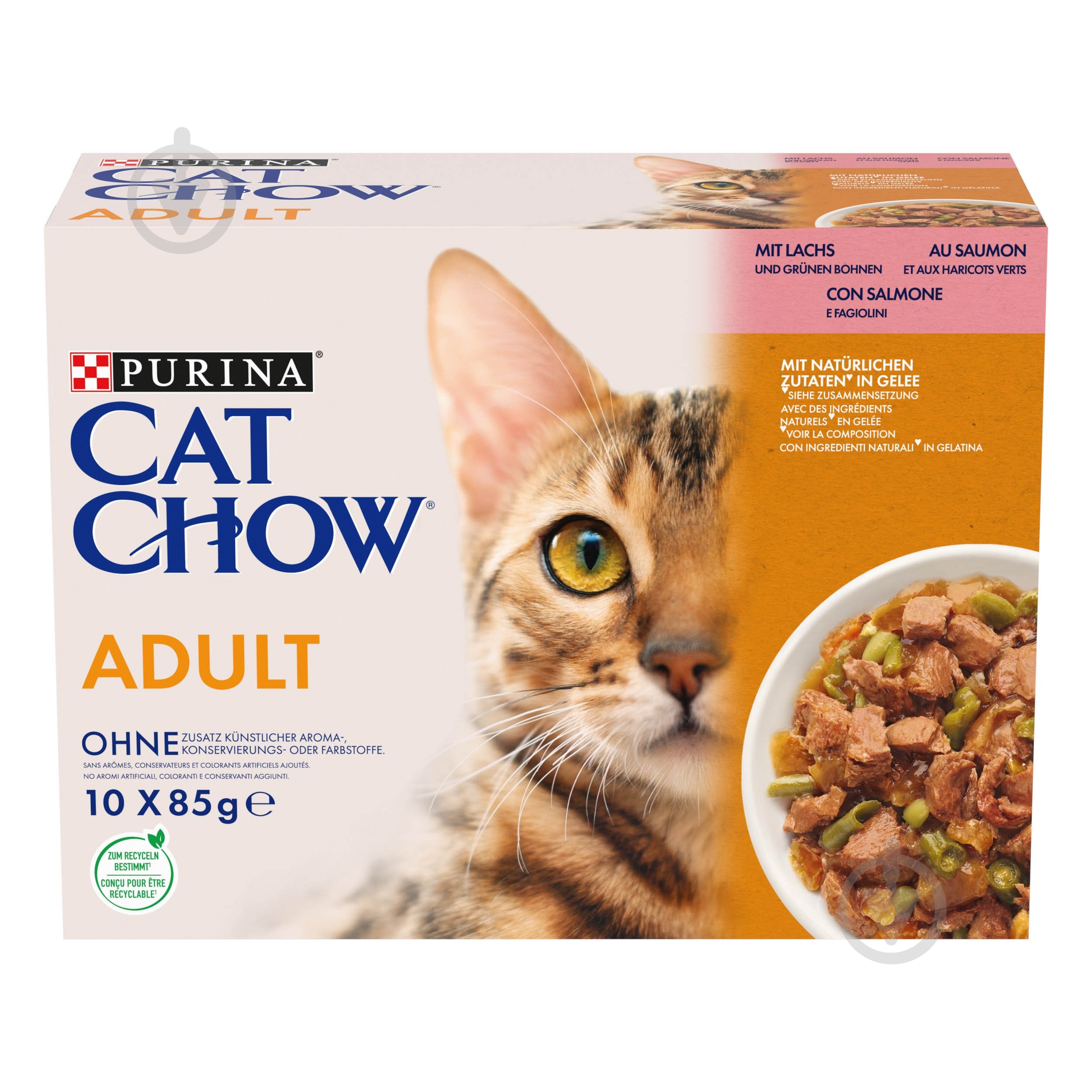 Корм влажный для котов Cat Chow by Purina Adult с лососем и зеленой фасолью 10 шт. x 85 г - фото 1 Корм влажный для котов Cat Chow by Purina Adult с лососем и зеленой фасолью 10 шт. x 85 г - фото 1