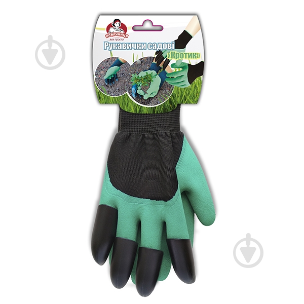 Перчатки полиэстер Помічниця Кротик садовые (ящик 72 уп.) суперкрепкие р. универсальные 1 пар/уп. Черно-зеленые - фото 1