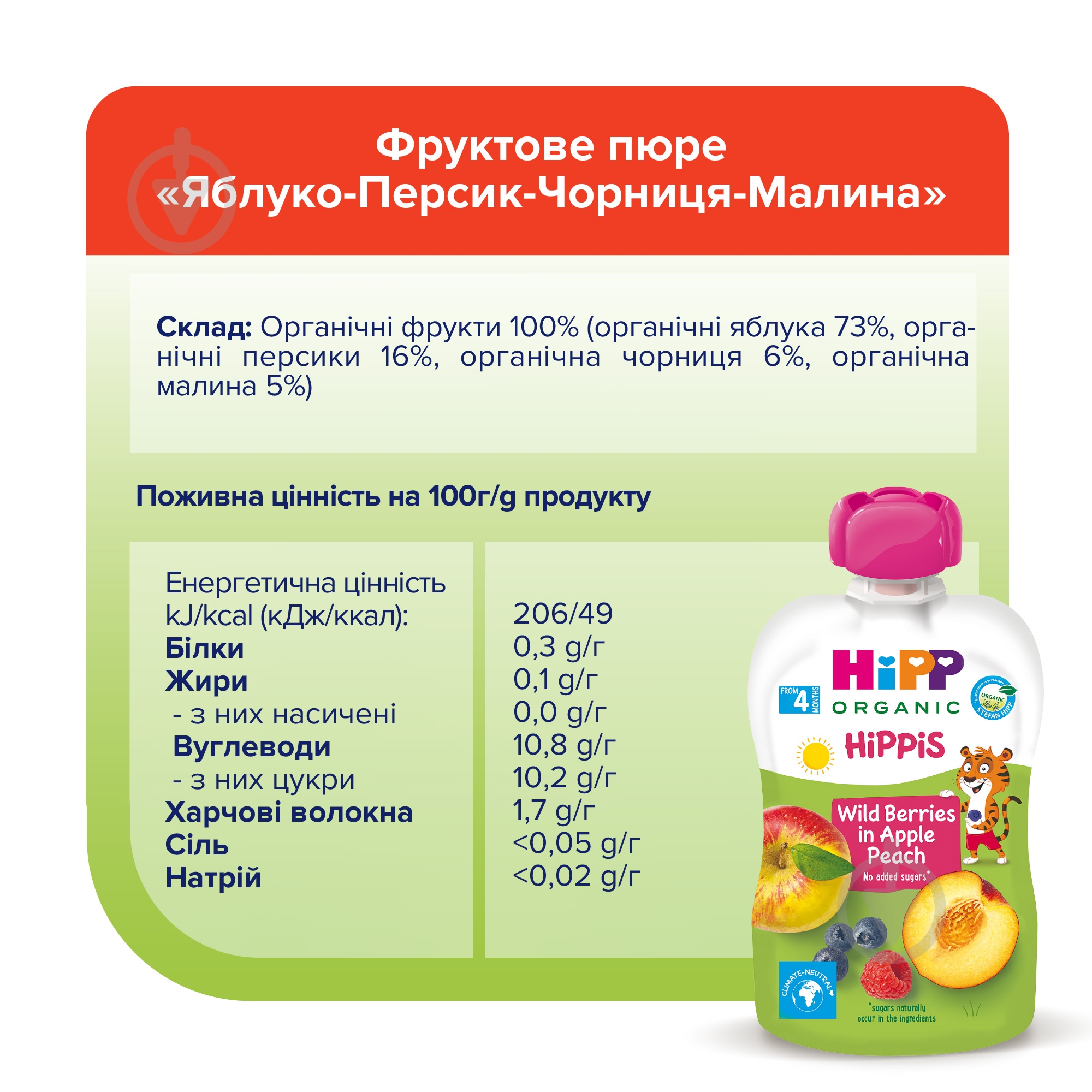 Пюре Hipp Яблуко-персик-чорниця-малина 100 г 9062300133773 — фото 5